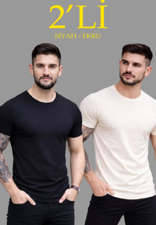 Erkek 2'li Bisiklet Yaka Tişört – Kısa Kollu Yazlık Slim Fit Body - Siyah & Ekru