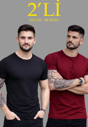 Erkek 2'li Bisiklet Yaka Tişört – Kısa Kollu Yazlık Slim Fit Body - Siyah & Bordo