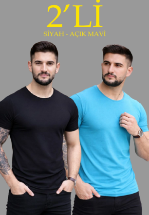 Erkek 2'li Bisiklet Yaka Tişört – Kısa Kollu Yazlık Slim Fit Body - Siyah & Açık Mavi