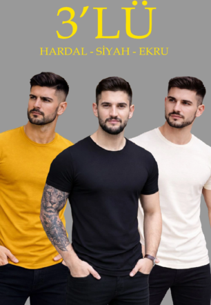Erkek 3'lü Bisiklet Yaka Tişört – Kısa Kollu Yazlık Slim Fit Body - Siyah, Ekru, Hardal