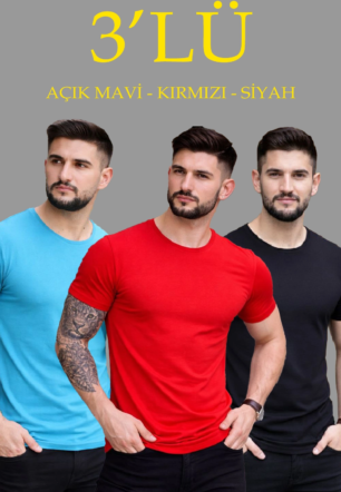 Erkek 3'lü Bisiklet Yaka Tişört – Kısa Kollu Yazlık Slim Fit Body - Siyah, Kırmızı, Açık Mavi