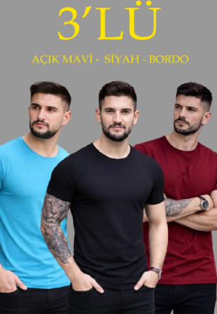 Erkek 3'lü Bisiklet Yaka Tişört – Kısa Kollu Yazlık Slim Fit Body - Siyah, Açık Mavi, Bordo