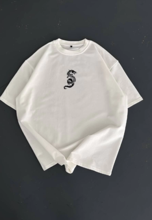 Erkek Baskılı Oversize Bisiklet Yaka  Kısa kol T-shirt - Beyaz