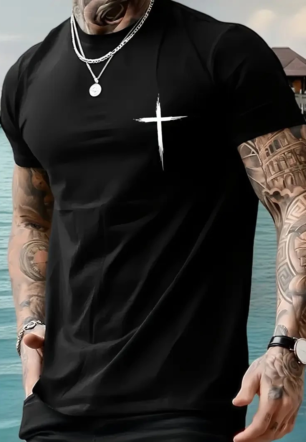 Erkek Baskılı Bisiklet Yaka Kısa Kol T-shirt - Siyah