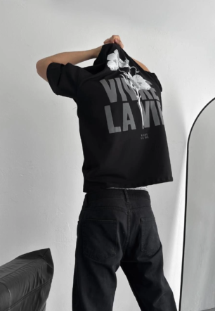 ERKEK Baskılı Oversize Bisiklet Yaka Kısa kol  T-shirt - Siyah