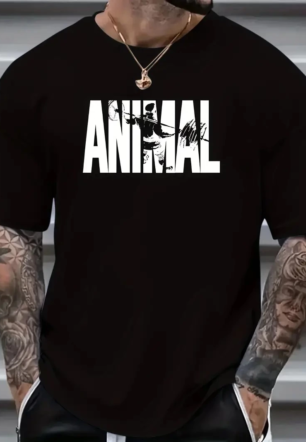 Erkek ANIMAL Desen Baskı Tişört - Siyah