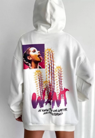 Kadın Baskılı Üç İplik Kapüşonlu Oversize Sweatshirt - Beyaz