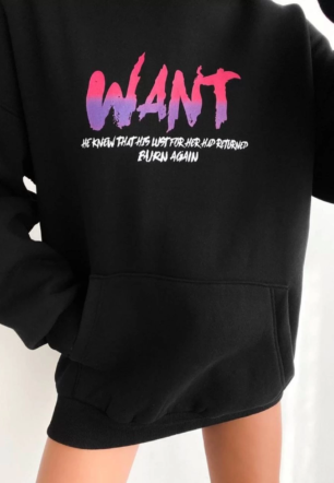 Kadın Baskılı Üç İplik Kapüşonlu Oversize Sweatshirt - Siyah