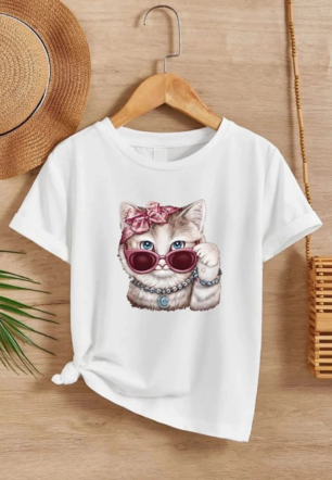 Kız Çocuk Bisiklet Yaka Baskılı T-Shirt - Beyaz