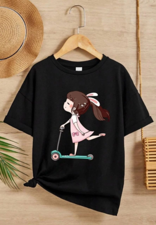 Kız Çocuk Bisiklet Yaka Baskılı T-Shirt - Siyah