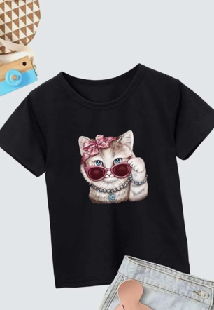 Kız Çocuk Bisiklet Yaka Baskılı T-Shirt - Siyah