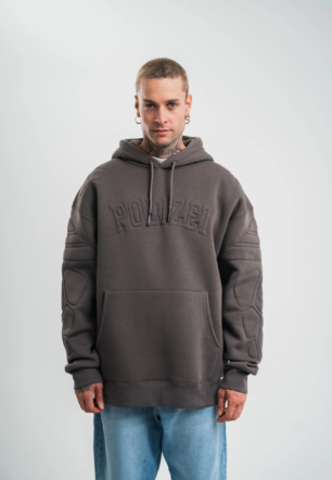 Erkek Nakış İşlemeli Kapşonlu Antrasit Sweatshirt Üç İplik Double Oversize- Füme