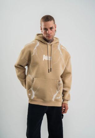 Erkek Şimşek Baskılı Kapşonlu Sweatshirt Üç İplik Pamuklu Kanguru Cepli Double - Bej