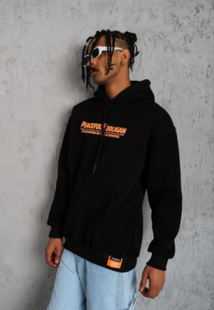 Erkek Armalı Baskılı Kapüşonlu  üç iplik pamuklu Sweatshirt - Siyah