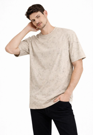 Erkek Asit Yıkama Bisiklet Yaka Kısa Kollu Oversize T-Shirt Tişört - Bej
