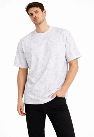 Erkek Asit Yıkama Bisiklet Yaka Kısa Kollu Oversize T-Shirt Tişört - Beyaz