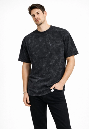 Erkek Asit Yıkama Bisiklet Yaka Kısa Kollu Oversize T-Shirt Tişört - Siyah