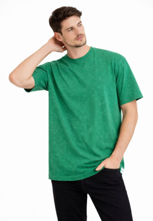 Erkek Asit Yıkama Bisiklet Yaka Kısa Kollu Oversize T-Shirt Tişört - Yeşil