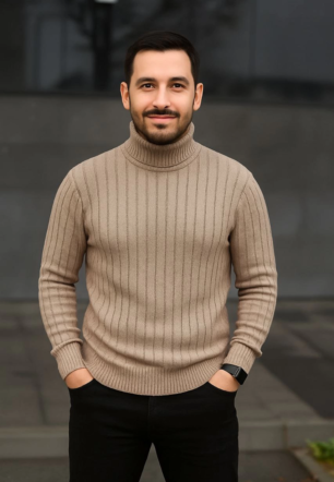Erkek Balıkcı Yaka Bağazlı Triko Kazak Pamuklu Kalın Fitilli Dokuma Regular Fit Uzun - Bej