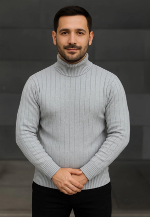 Erkek Balıkcı Yaka Bağazlı Triko Kazak Pamuklu Kalın Fitilli Dokuma Regular Fit Uzun - Gri