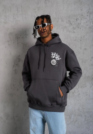 Erkek Baskılı Kapşonlu üç iplik pamuklu Sweatshirt - Füme