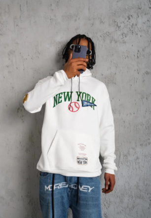 Erkek Baskılı Kapüşonlu  üç iplik pamuklu Sweatshirt - Beyaz