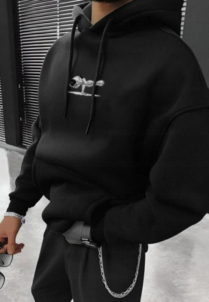 Erkek Baskılı Kapüşonlu ve Kordon İpli Sweat - Siyah