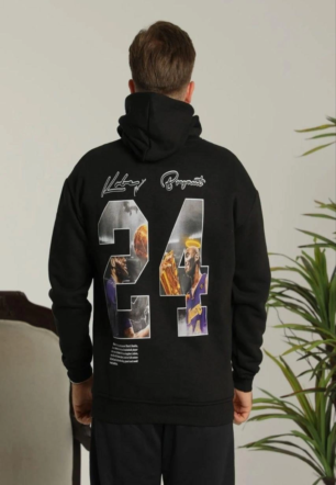 Erkek Baskılı Oversize Üç İplik Kapüşonlu Sweatshirt - Siyah