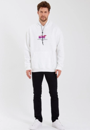 Erkek Baskılı Üç İplik Kapüşonlu Oversize Sweatshirt - Beyaz