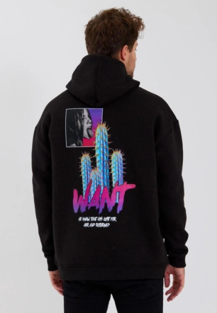 Erkek Baskılı Üç İplik Kapüşonlu Oversize Sweatshirt - Siyah