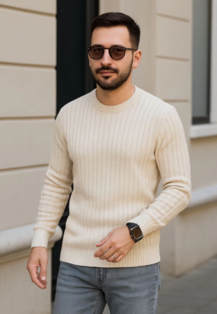 Erkek Bisiklet Yuvarlak Yaka Triko Kazak Pamuklu Kalın Fitilli Dokuma Regular Fit - Bej