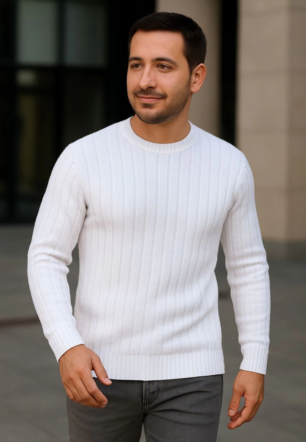 Erkek Bisiklet Yuvarlak Yaka Triko Kazak Pamuklu Kalın Fitilli Dokuma Regular Fit - Beyaz