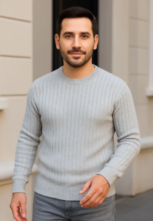 Erkek Bisiklet Yuvarlak Yaka Triko Kazak Pamuklu Kalın Fitilli Dokuma Regular Fit - Gri