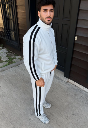 Erkek Çift Şeritli Eşofman Alt-Üst Takım  Fermuarlı Sweatshirt Boru Paça Alt - Beyaz