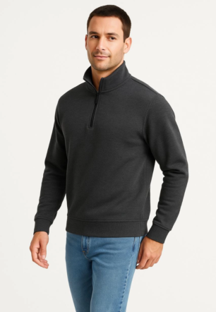 Erkek Dik Yaka Sweatshirt Dik Yaka Yarım Fermuarlı 3 İplik Şardonlu Pamuk Kumaş - Antrasit