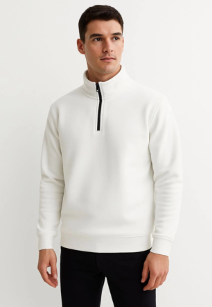 Erkek Dik Yaka Sweatshirt Dik Yaka Yarım Fermuarlı 3 İplik Şardonlu Pamuk Kumaş - Beyaz