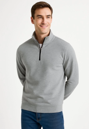 Erkek Dik Yaka Sweatshirt Dik Yaka Yarım Fermuarlı 3 İplik Şardonlu Pamuk Kumaş - Gri