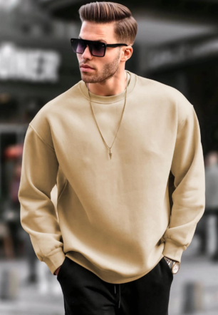 Erkek Düz Bisiklet Yaka  üç iplik pamuklu Sweat - Bej
