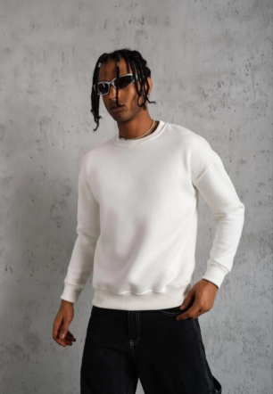 Erkek Düz Bisiklet Yaka üç iplik pamuklu Sweatshirt - Beyaz