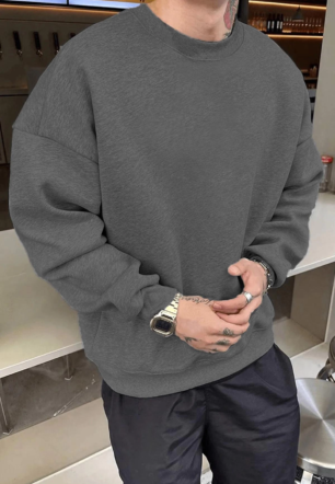Erkek Düz Bisiklet Yaka  üç iplik pamuklu sweatshirt   - Füme