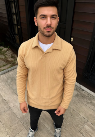 Erkek Fitilli Polar Sweatshirt Düğmesiz Polo Yaka Oversize Kalıp Kalın Polar ve - Bej