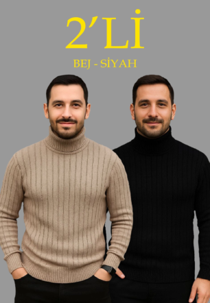 Erkek Fitilli Triko Kazak 2'li Set Bej Siyah Regular Balıkcı Yaka Tam Boğazlı Triko Seti