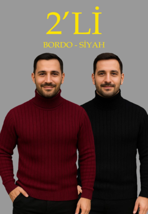Erkek Fitilli Triko Kazak 2'li Set Bordo Siyah Balıkcı Yaka Tam Boğazlı Triko Seti