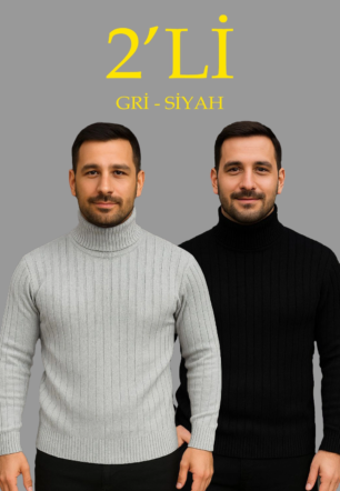 Erkek Fitilli Triko Kazak 2'li Set Gri Siyah Balıkcı Yaka Tam Boğazlı Triko Seti