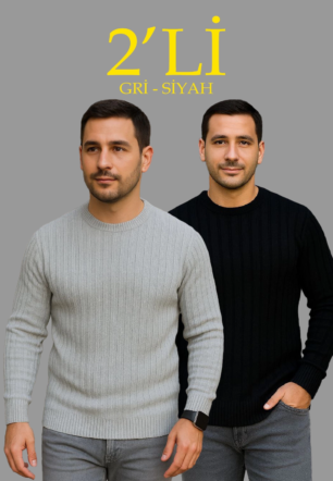 Erkek Fitilli Triko Kazak 2’li Set Siyah Gri Kalın Dokuma Pamuklu Regular Fit Bisiklet