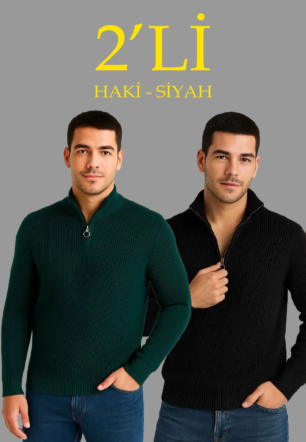Erkek Fitilli Triko Kazak 2’li Set Siyah Haki Kalın Dokuma Pamuklu Regular Fit V Yaka
