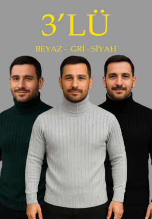 Erkek Fitilli Triko Kazak 3'lÜ Set Gri Haki Siyah Regular Balıkcı Yaka Tam Boğazlı Triko