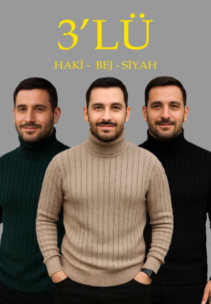 Erkek Fitilli Triko Kazak 3'lÜ Set Bej Haki Siyah Regular Balıkcı Yaka Tam Boğazlı Triko