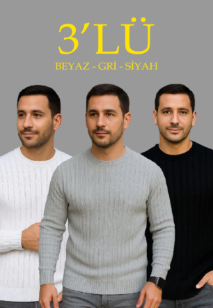 Erkek Fitilli Triko Kazak 3'lü Set Beyaz Gri Siyah Regular Fit Bisiklet Yaka Triko Seti