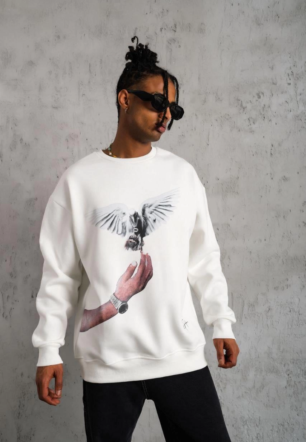 Erkek Güvercin Baskılı  üç iplik pamuklu Sweatshirt - Beyaz